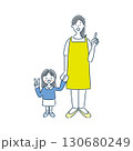 指差しして説明をしている笑顔の女性保育士と女の子の園児のシンプルな線画イラスト素材 130680249