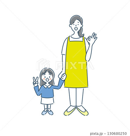 オッケーサインをしている笑顔の女性保育士と女の子の園児のシンプルな線画イラスト素材 130680250