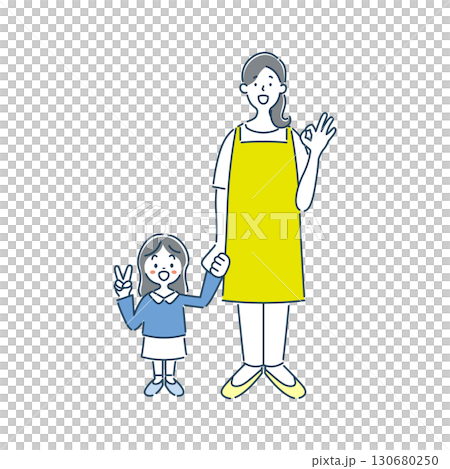 オッケーサインをしている笑顔の女性保育士と女の子の園児のシンプルな線画イラスト素材 130680250