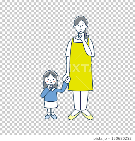 一幅簡單的線條畫,描繪了一位思考的女托兒所老師和一位幼兒園女學生 一幅簡單的線條畫,描繪了一位思考的女托兒所老師和一位幼兒園女學生 130680252