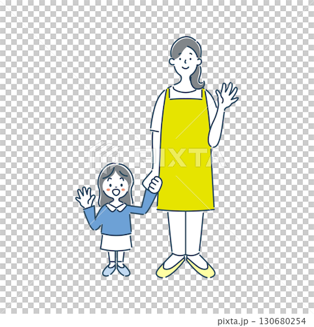 一幅簡單的線條畫,畫中一位微笑的女托兒所老師和一位揮手的幼兒園女學生 一幅簡單的線條畫,畫中一位微笑的女托兒所老師和一位揮手的幼兒園女學生 130680254