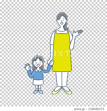 A simple line drawing illustration of a female nursery teacher and a girl kindergartener guiding 130680255