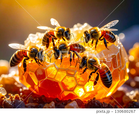 The image features a close up view of several honey bees gathered around a piece of honeycomb 130680267
