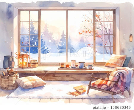 冬のインテリアを柔らかく表現した水彩風のあたたかい部屋の雰囲気イラスト 冬のインテリアを柔らかく表現した水彩風のあたたかい部屋の雰囲気イラスト 130680349