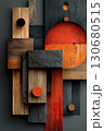 Modern abstract wooden assemblage with geometric patterns and vibrant tones 130680515