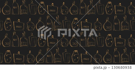 Seamless pattern with hand drawn vintage bottles and potion jars in line art style for fabric packaging wallpaper 130680938