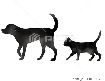 歩く犬と猫の水彩風シルエット　イラスト 130681128