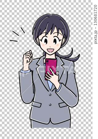 An office lady in a suit who is happy and clenches her fist while looking at her smartphone (upper body) 130681720