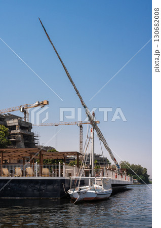 Traditional Egyptian Felucca Boats Docked on the Nile River 130682008