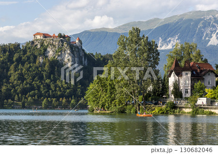 Bled, Slovenia - August 15, 2019: View of the old castle and Lake Bled in Slovenia 130682046