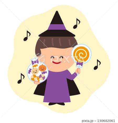 ハロウィンでお菓子をもらって喜ぶ男の子のイラスト(魔法使い) 130682061