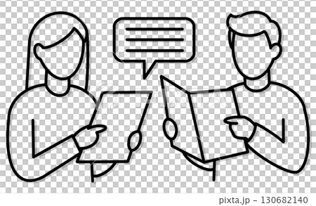 Icon illustration of a man and woman consulting while checking documents 130682140