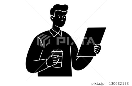 カップ片手に資料を読む男性のアイコンイラスト 130682158