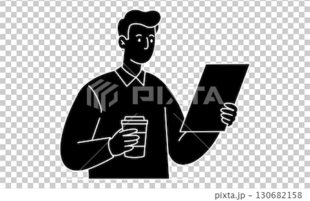 Icon illustration of a man reading a document with a cup in hand 130682158