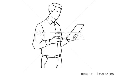 カップ片手に資料を読む男性のアイコンイラスト 130682160