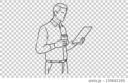カップ片手に資料を読む男性のアイコンイラスト 130682160