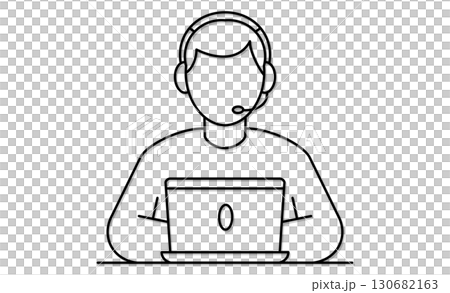 リモートワーク中のパソコン操作人物のアイコンイラスト、ヘッドセット 130682163