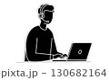 リモートワーク中のパソコン操作人物のアイコンイラスト、ヘッドセット 130682164