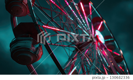 Ferris wheel neon light night amusement park empty moody sky dramatic 130682336
