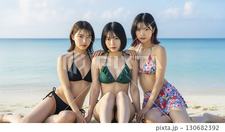 ビキニの女性3人 海の綺麗なところで遊ぶ ビキニの女性3人 海の綺麗なところで遊ぶ 130682392
