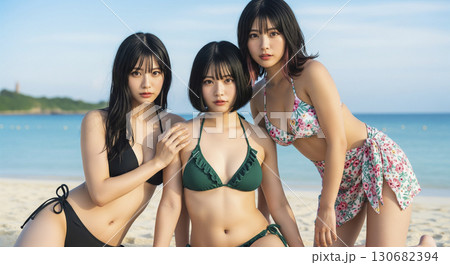ビキニの女性3人　海の綺麗なところで遊ぶ 130682394