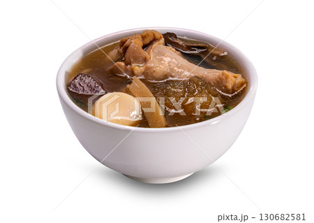 Fish maw soup in white ceramic bowl isolated on white background. 130682581