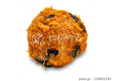 Single shredded chicken cake or chicken floss cake isolated on white background. Single shredded chicken cake or chicken floss cake isolated on white background. 130682584