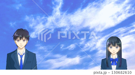 広がる青空、高校生または中学生の男女のアニメ風イラスト 130682610
