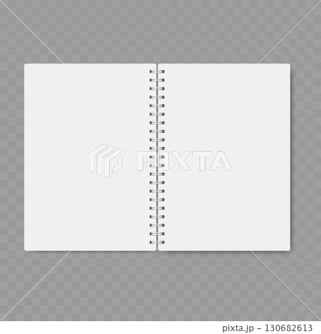 Realistic open spiral notebook with blank white pages mockup. Vector 130682613