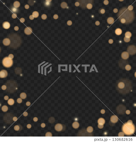 Abstract festive golden bokeh lights frame on transparent background. Vector. 130682616