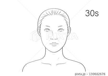 30代女性 顔アップ 美容 フェイスチャート風 モノクロ線画イラスト 130682676