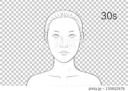 30代女性 顔アップ 美容 フェイスチャート風 モノクロ線画イラスト 130682676