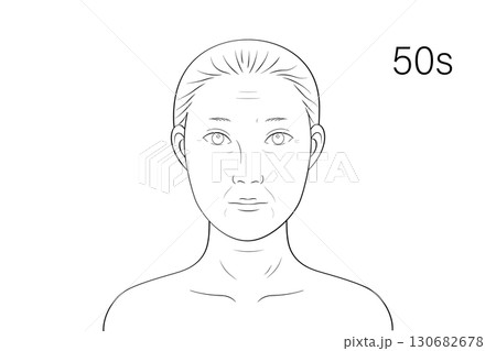 50代女性 顔アップ 美容 フェイスチャート風 モノクロ線画イラスト 50代女性 顔アップ 美容 フェイスチャート風 モノクロ線画イラスト 130682678
