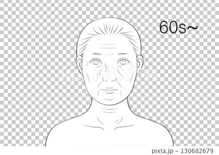 高齢女性 顔アップ 美容 フェイスチャート風 モノクロ線画イラスト 高齢女性 顔アップ 美容 フェイスチャート風 モノクロ線画イラスト 130682679