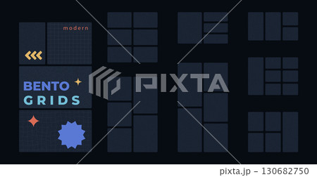 Modern bento grid collection. Rectangular and square collage templates for flyers, brochures, websites, and editorial layouts 130682750