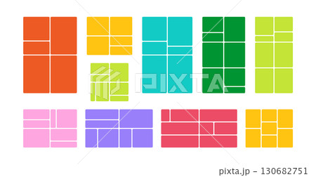 Set of bento grid vector layouts. Color templates for collage or photo boxes. Trendy mosaic blocks for presentations, social media posts or web comics. Vector illustration whit rounded corners 130682751