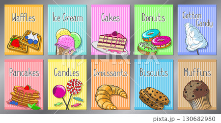 Dessert food posters with colorful backgrounds - vector illustration Dessert food posters with colorful backgrounds - vector illustration 130682980