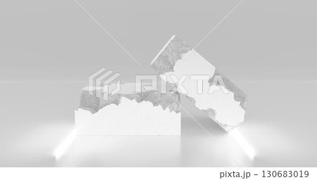 3d rendering. White pieces of stone wall with broken textured edges in neon white lighting, rubble stone slabs for product display background. 130683019