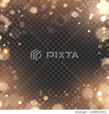 Festive golden bokeh lights and sparkles frame overlay effect. Vector 130683031