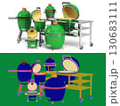 Set of barbecue green color BBQ grill with lid  for outdoor prepare meat food 3d illustration on white with alpha 130683111