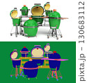 Set of barbecue green color BBQ grill with open lid  for outdoor prepare meat food 3d illustration on white with alpha 130683112