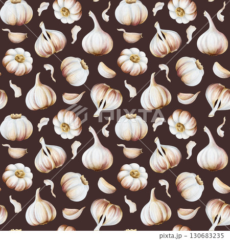 Seamless pattern with garlic cloves and bulbs on dark brown. Watercolor realistic raw vegetable repeat background for local market spices and Italian cuisine wrapping Seamless pattern with garlic cloves and bulbs on dark brown. Watercolor realistic raw vegetable repeat background for local market spices and Italian cuisine wrapping 130683235