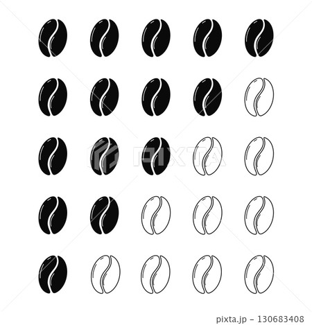 Set Coffee bean intensity roast level, strength light medium or dark scale. Set minimal indicator, coffee beans frying. Different brew. 130683408