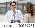A smiling male doctor shows a brain scan to a female patient during a consultation outside a medical facility. Friendly and professional healthcare interaction A smiling male doctor shows a brain scan to a female patient during a consultation outside a medical facility. Friendly and professional healthcare interaction 130683531
