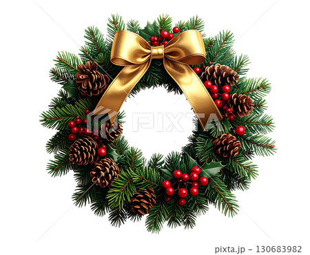 クラシックなクリスマスリース 赤いオーナメントと松ぼっくりの装飾 白背景 130683982