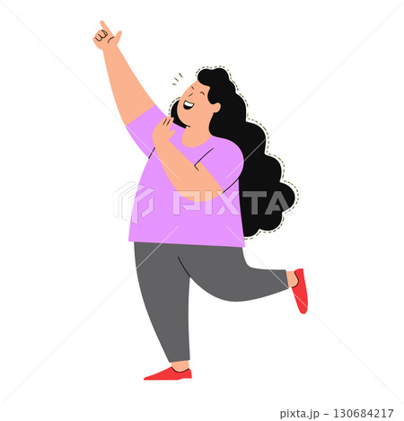 Happy Woman Pointing Upward 130684217