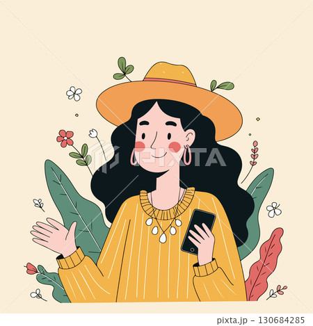 Stylish Woman with Phone and Floral Accents 130684285