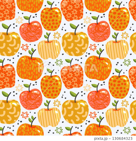 Seamless pattern with yellow, orange and pink apples, with stroke texture and dots, good for wallpaper, invitations, postcards 130684323