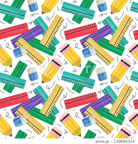 Seamless pattern school supplies color ruler pencil eraser for postcards flyers, banners, textiles, wallpaper 130684324
