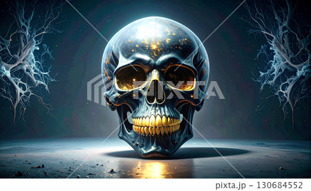 Matte Black Skull with Metallic Gold Teeth. Hallowen Concept. Generated Image 130684552